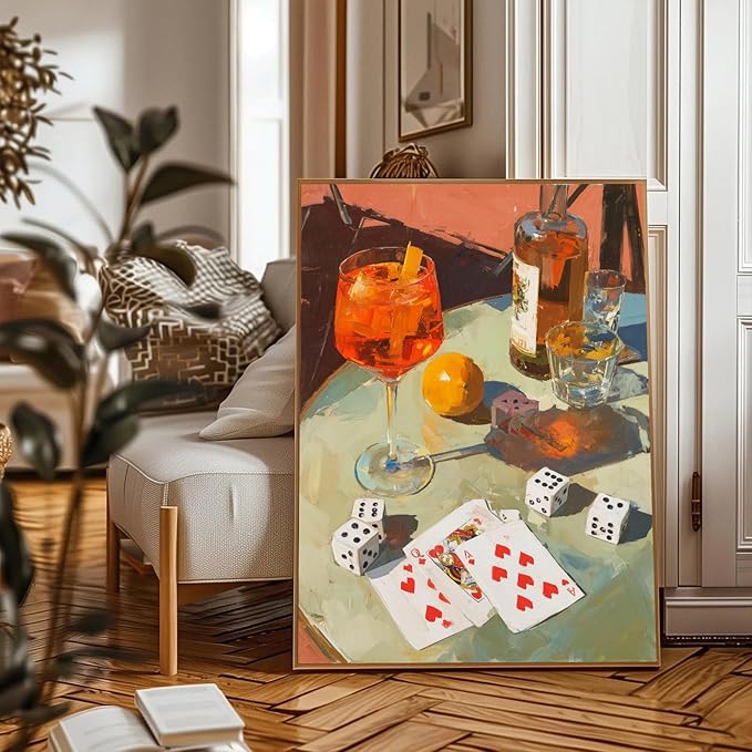 Trendy Wall Art Cocktails Wall Art Decor Retro Dice Poker Canvas Painting Prints Vintage Bar Cart Decor Funky Alcohol Cocktail Print for Kitchen Dorm Party Bar Cart Decoration, 16x24inch Unframed