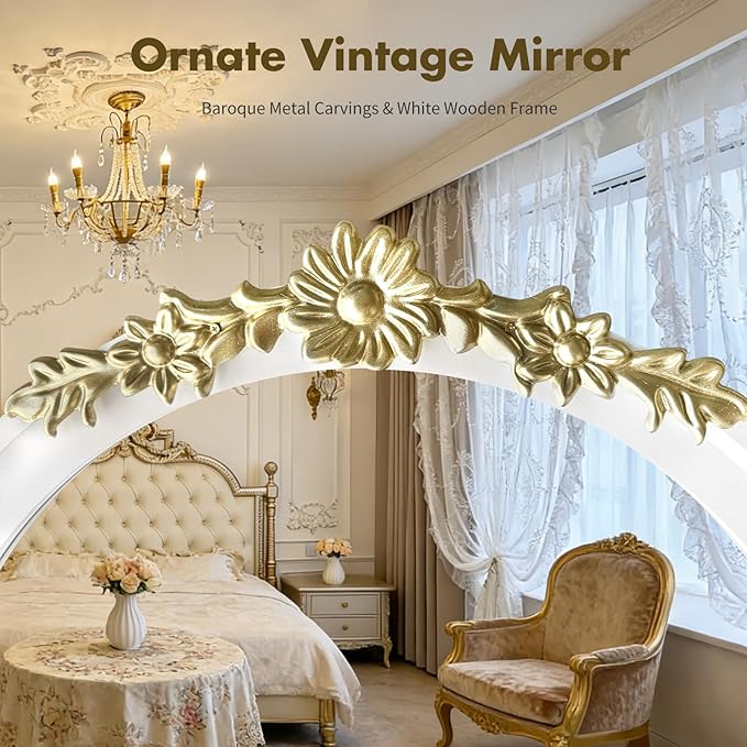 White Round Wood Mirror 28 Inch, Large Rustic Boho Coastal Wall Decor with White Wood Frame and Gold Metal Carved Accents, Farmhouse Decorative Mirror for Entryway, Bedroom, Living Room, Bathroom
