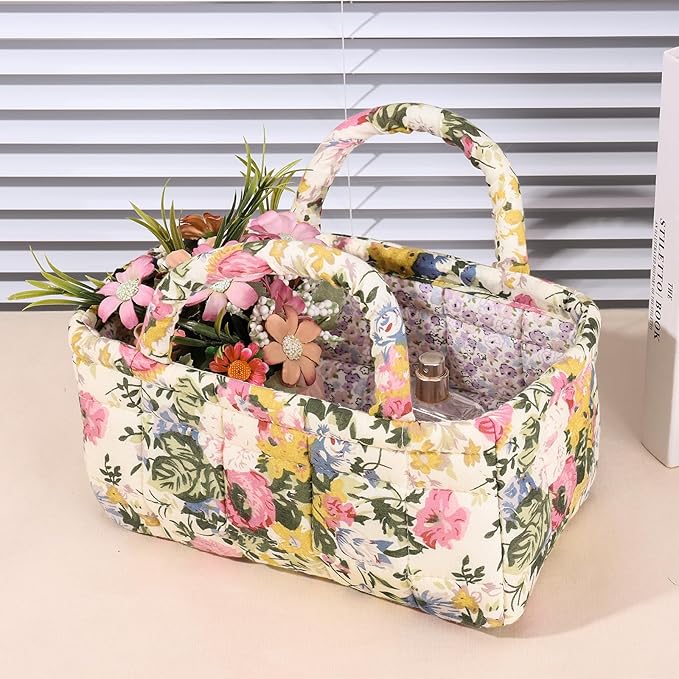 Small Storage Basket Organizer, Mini Quilted Fabric Basket with Handle, Collapsible Storage Bin for Socks, Keys, Diapers