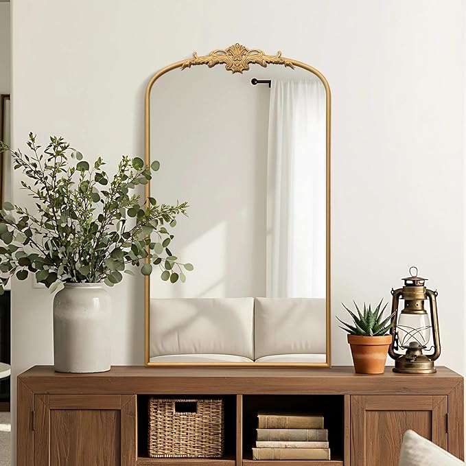 Besdomus Large Vintage Arched Mirror: 24"x42" French Arch Gleaming Gold Antique Wall Mounted Mirror - Traditional Ornate Metal Framed for Entryway/Fireplace/Bathroom - Idea for Trendy Fashionistas