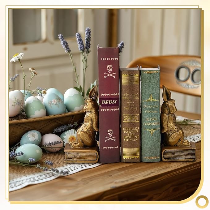 Kathfly Easter Bunny Bookends, Decorative Gold Rabbit Bookends for Shelves Vintage Resin Rabbit Book Ends, Cute Animal Bookend Supports for Home Office, Housewarming Gift, Set of 2