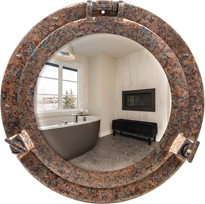 inanosa 17 Inch Bathroom Wall Decor Ship Porthole Mirror with Raku Finish Finish – Vintage Round Wall Mounted Mirror for Bathroom Vanity, Nautical Pirate Coastal Vintage Home Décor