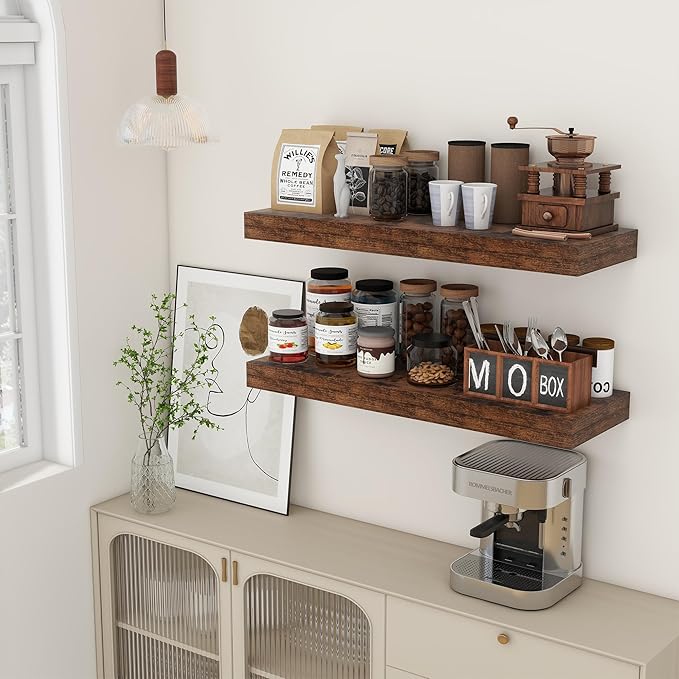 FLYJOE Deep Floating Shelves | 36 Inch Brown Floating Shelves Set of 2 | 12 Inch Deep Rustic Wood Shelves for Wall | 36" W x 12" D Brown Shelves for Living Room Bathroom Laundry Room Kitchen