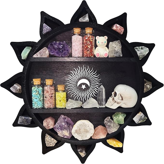 Crystal Shelf Display for Wall, Crystal Display Shelf Chakra Wooden Lotus Flower Crescent Moon Shelf Wall Decor, Decorative Home Floating Shelf Stone Storage Gem Holder Boho Hanging Organizer