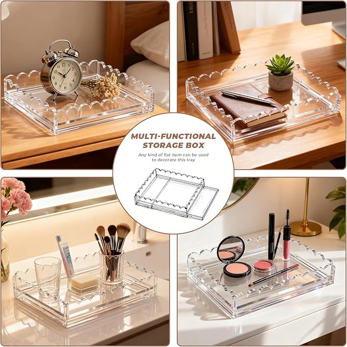 Scalloped Acrylic Tray for Needlepoint, 10" x 12" Clear Acrylic Display Tray with Slide Out Drawer for Insert Photos, Art, Fabric, Acrylic Organizer Decorative Tray for Home Decor