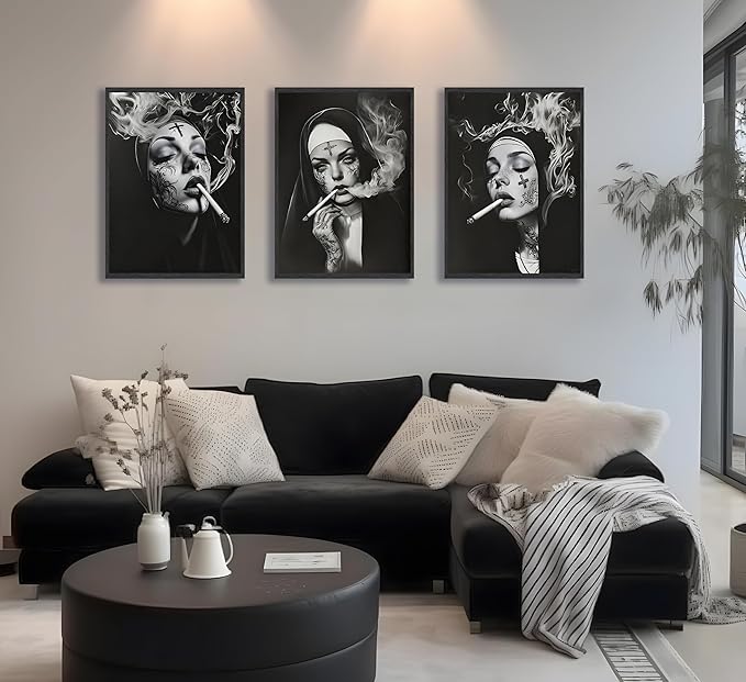 FJKLRP 3pcs Smoking Nun Wall Art Black and White Tattooed Woman Canvas Prints Poster Edgy Gothic Dark Aesthetic Wall Decor for Living Room Bedroom Studio Bar Unframed