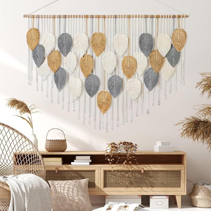 KHOYIME Large Macrame Wall Hanging Boho Woven Tapestry, Chic Modern Home Decor Bohemian Farmhouse Handmade Leaf Feather Wall Art Decorations for Living Room Bedroom Nursery Dorm Backdrop 51.5"W X 33.5"L