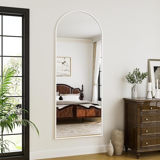Rowjut Floor Mirror Arched Full Length Mirrors, 64"x21" Floor Length & Standing Hanging or Leaning & Large Full Body Mirror Wall Mirror for Bedroom, Living Room, Aluminum Frame,White