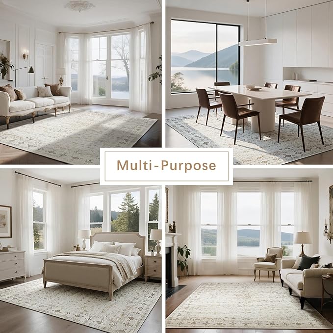 Srugn Washable Rugs 8x10 Area Rugs for Living Room,Rugs for Bedroom,Large Carpets,Ultra Soft Faux Wool Retro Dining Room Rug,Non Slip&Non-Shedding Low Pile Vintage Print Rug for Home Office-Beige