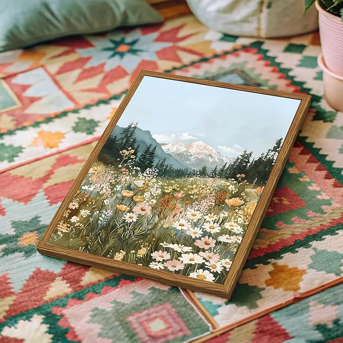 Framed Boho Landscape Wall Art, Colorful Floral Mountain Pictures Wall Decor, Vintage Wildflower Nature Paintings Canvas Prints Rustic Home Decor for Living Room Bedroom Office 12x16 inch