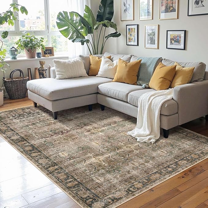 Rugxara Area Rugs for Living Room Bedroom, Washable Rug, Brown Vintage Retro Boho Rug, Non Slip & Low Pile Wool Thin Carpet for Indoor Dining Room, Kids Room and Office(Charcoal/Olive 4x6ft)