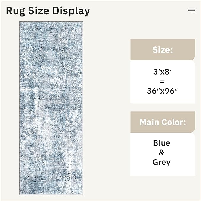 Soalmost Runner Rug 3x8 Washable Non-Slip Hallway Runner Rugs for Kitchen Bathroom Laundry Room Blue/Grey Vintage Floor Carpet Runners for Hallways Entryway