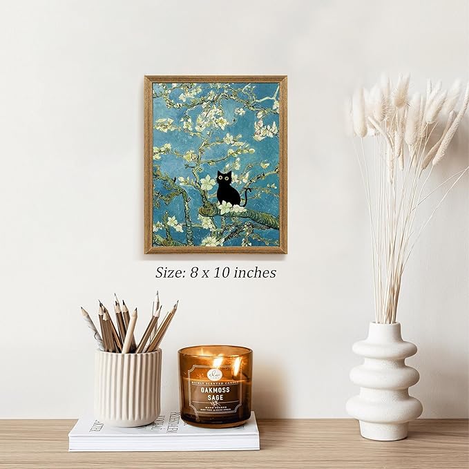 Fantasy Artists Van Gogh's Almond Blossom Funny Black Cat Canvas Wall Art, Oil Painting Posters Home Decor, Vintage Abstract Aesthetic Wall Decorations for Living Room Bedroom, 8" X 10"