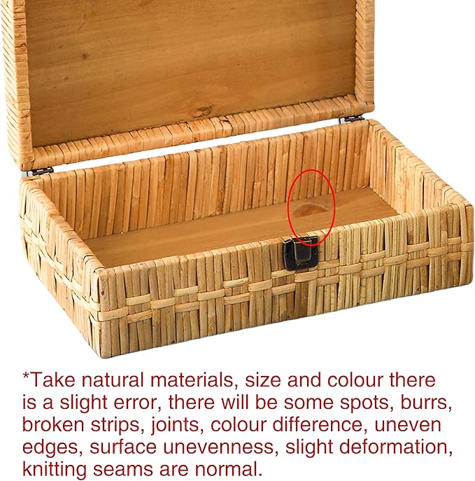 SOFE Rectangular Rattan Box with Lid Set of 2 - Boho Decorative Basket for Shelf Bathroom Storage - Woven Bins Organizer for Jewelry, Snacks, Toys, Keys