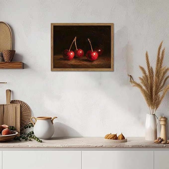 Vintage Cherry Wall Art for Kitchen, Classic Still Life Oil Painting Canvas Wall Decor, Retro Rural Farmhouse Fruit Food Artwork Prints Pictures for Kitchen Dining Room 16x24 Inch Framed