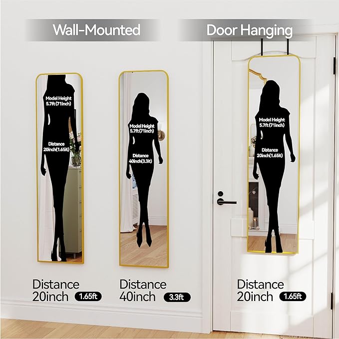 SCWF-GZ 47x14 Mirror Full Length Door Hanging Wall Mounted Aluminum Alloy Metal Frame Dressing Make-up Save Space Half Body Mirrors for Entryway Bedroom Bathroom Living Room 47 inch Gold