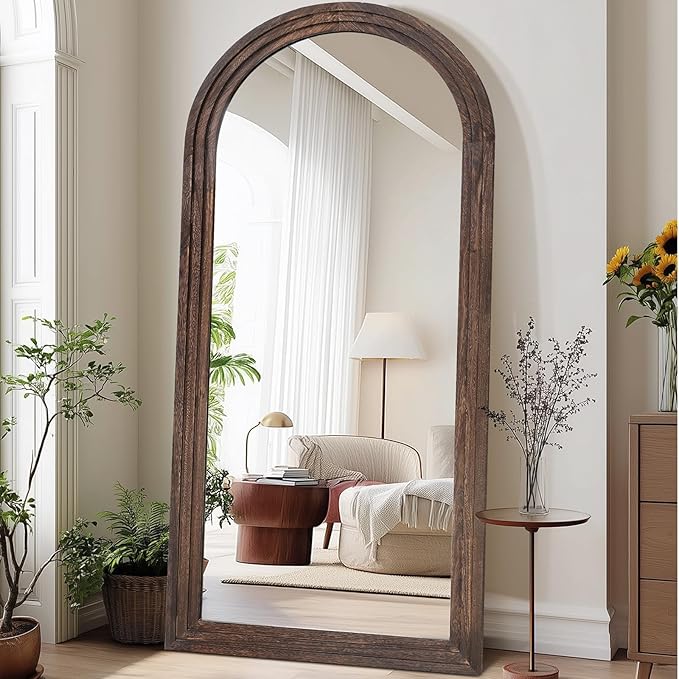 Arched Full Length Mirror 71"x32" - Rustic Brown Solid Wood Wall Mirror, Oversized Leaning or Mounted Design for Bedroom, Entryway, Living Room Décor
