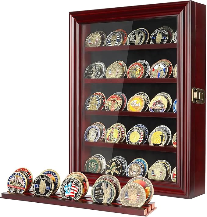 ASmileIndeep Military Challenge Coin Display Case Holder with HD Toughened Glass and Wall Mount, Wooden Coin Stand Rack with Removable 2 Grooves Shelves, Mahogany Finish…