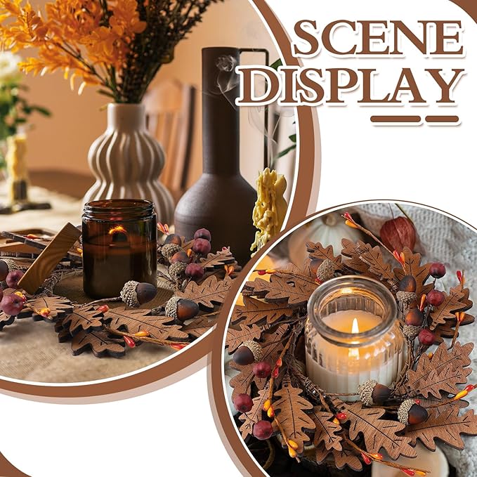 Daifunli 2 Pcs Fall Thanksgiving Candle Rings Maple Oak Leaves Acorn Vintage Wood Wreath for Pillar 3.9 Inch Candles Holder for Autumn Fall Thanksgiving Winter Christmas Rustic Table Centerpiece Decor