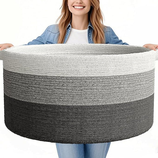 125L Extra Large Blanket Basket, 25" x 16", Jumbo Laundry Woven Baskets Decorative Home, Cotton Rope Basket with Handles, Baby Toy Baskets for Storage, Gradual Gray