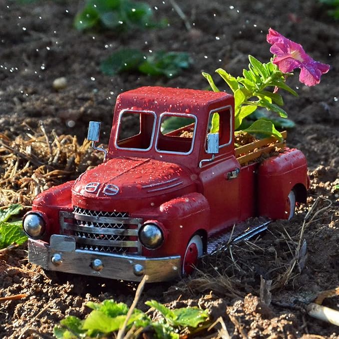 Vintage Red Truck Decor, Farmhouse Metal Outdoor/Indoor Pickup Planter, Christmas Red Trucks Decorations, Decorative Tabletop Storage,Gift Basket for Holiday