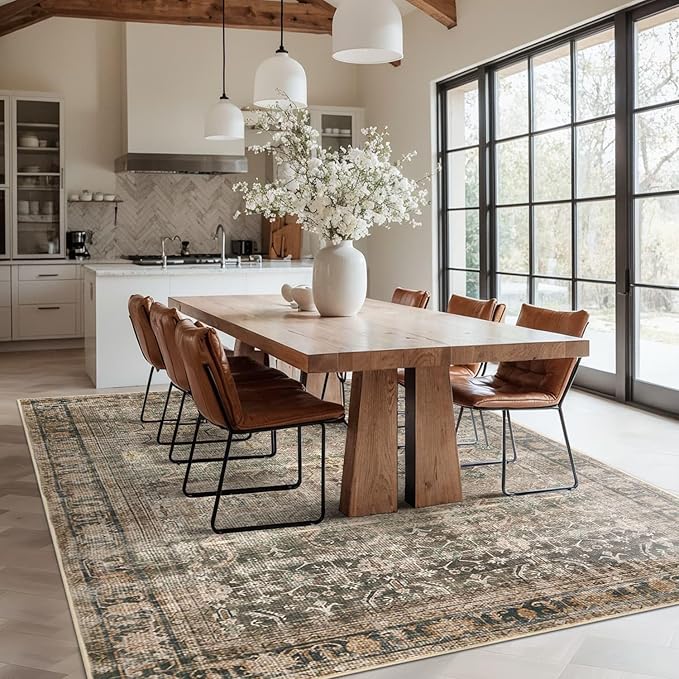 Rugxara 6x9 Area Rugs for Living Room Bedroom, Large Washable Rug, Brown Vintage Retro Boho Rug, Non Slip & Low Pile Faux Wool Thin Carpet for Indoor Dining Room and Kids Room(Charcoal/Olive 6x9ft)
