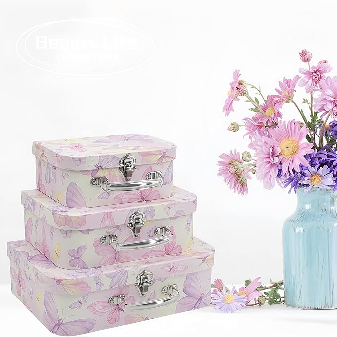 Paperboard Suitcases Set of 3 Decorative Storage Boxes with Lids, Mini Suitcases, Cute Boxes (Butterfly)