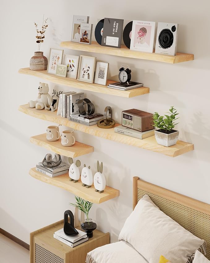 Axeman 36" Solid Wood Floating Shelves for Wall Decor, USA-Sourced Rustic Ash Wood Live Edge Shelf with Upgraded Heavy Invisible Bracket, Wall Mounted Shelf for Kitchen Bathroom Living Room, Natural