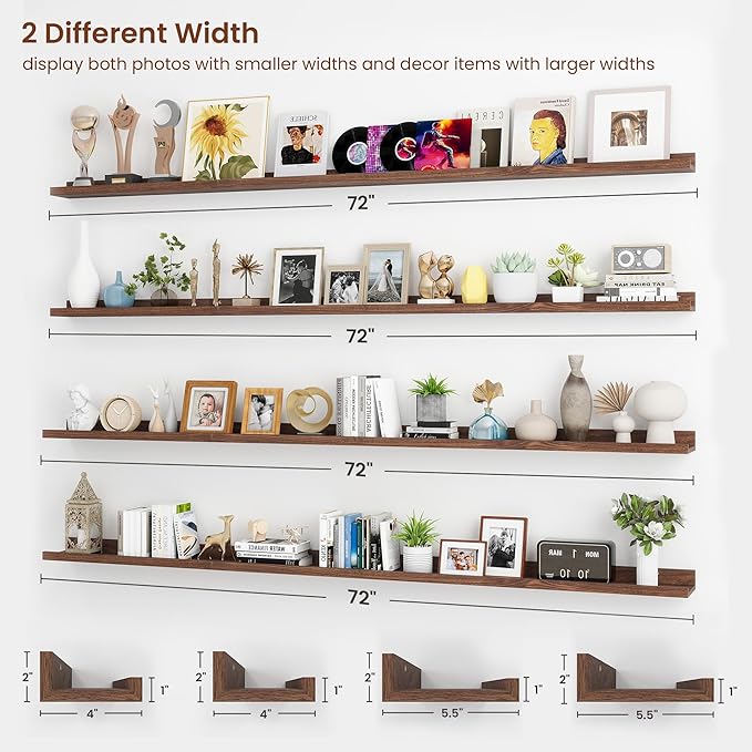 Axeman 72 Inch Floating Shelves | Walnut Picture Ledge Shelf Set of 4 | Rustic Wood Wall Shelves with Lip | 72" Walnut Picture Shelves for Wall with Ledge | Photo Shelves