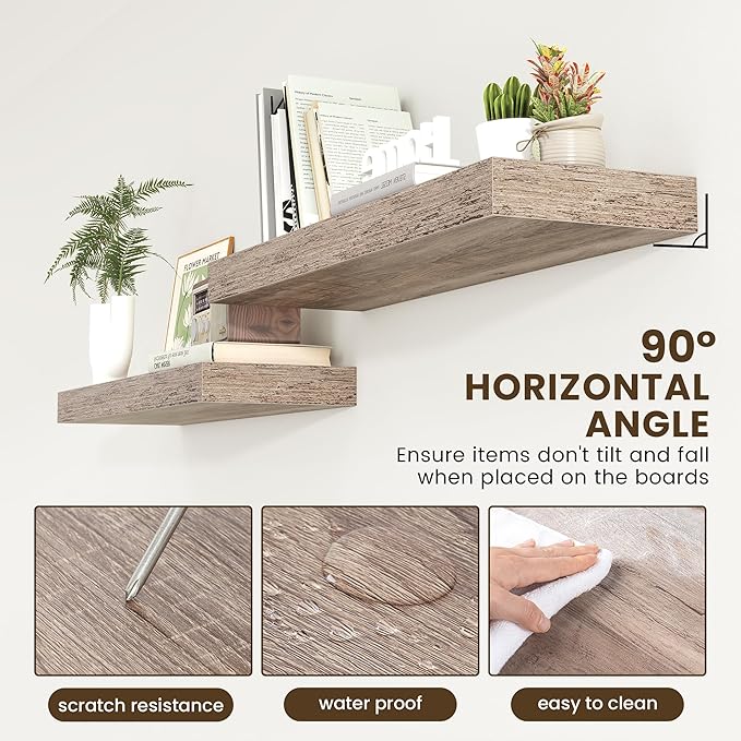 FLYJOE 12 Inch Deep Floating Shelves | 36 Inch Grey Floating Shelves | 36" W x 12" D Rustic Wood Shelves for Wall | Deep Grey Shelves for Living Room Bathroom Laundry Room Kitchen