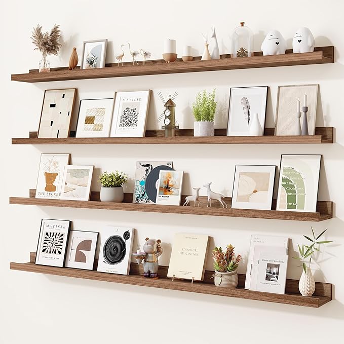 Heimlove Picture Ledge Shelf,48 inch Long Floating Shelves for Wall Set of 4,Picture Shelf with Lip for Wall Decor,Living Room,Bedroom,Bookshelf,Nursery,Perfume,Walnut Color