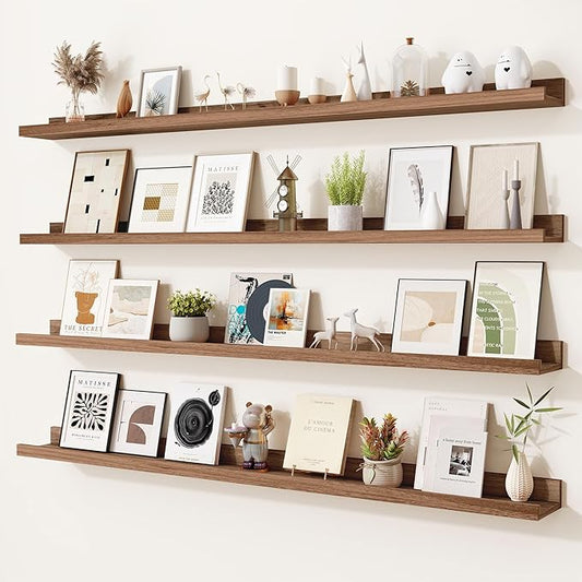Heimlove Picture Ledge Shelf,48 inch Long Floating Shelves for Wall Set of 4,Picture Shelf with Lip for Wall Decor,Living Room,Bedroom,Bookshelf,Nursery,Perfume,Walnut Color