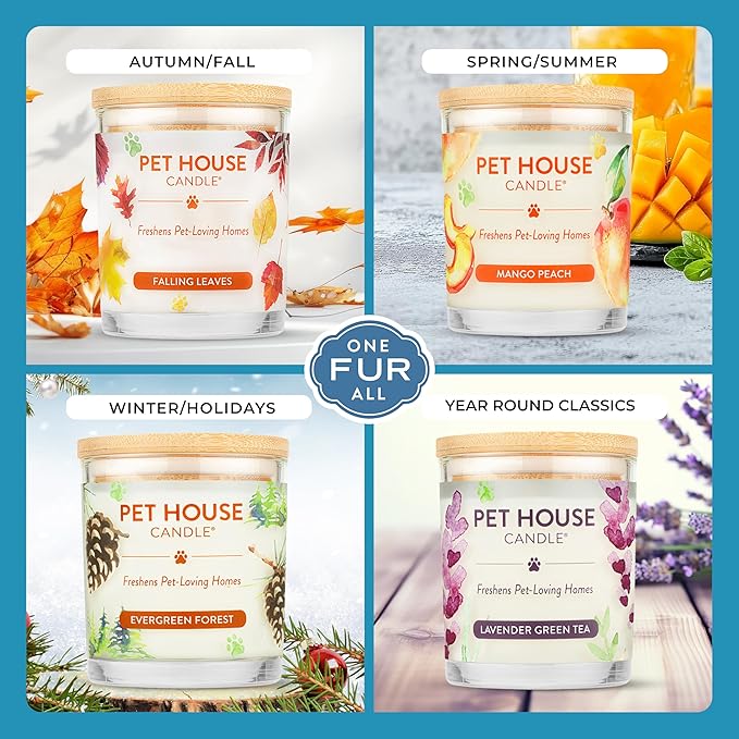 One Fur All Pet House Candle 2 Pack - Plant-Based/Soy - Clean Burning Scented, Long Lasting Pet Odor Candle for Home - Sunwashed Cotton