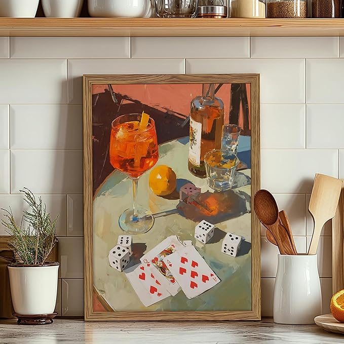 Framed Cocktail Bar Wall Art, Vintage Dice And Poker Canvas Wall Decor Painting, Whiskey Liquor Bar Still Life Artwork Poster Print Picture for Men Game Room Kitchen Dining Room Home Decor 16x24 Inch