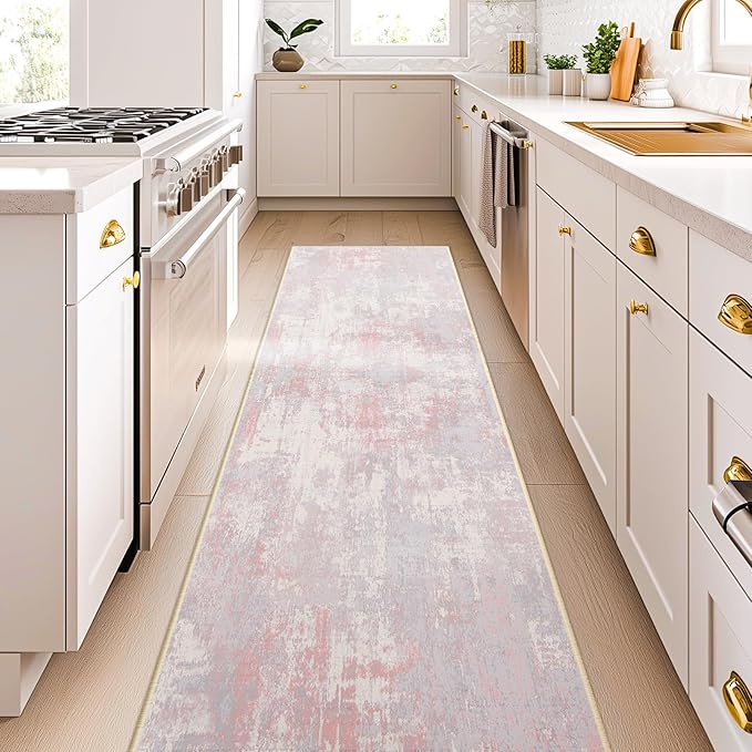 RELEANY Washable Area Rugs 2'x10' Non-Slip Modern Abstract Soft for Living Room Entryway Bedroom Nursery, Print Pattern, Grey Pink