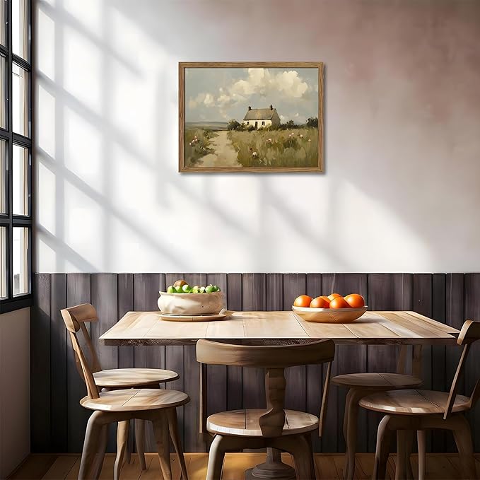 Vintage Wall Art, Framed English Countryside Cottage Painting Print, Country Farmhouse Canvas Wall Art, Rustic Landscape Pictures Artwork Wall Decor for Bedroom Living Room – 12x16 inch