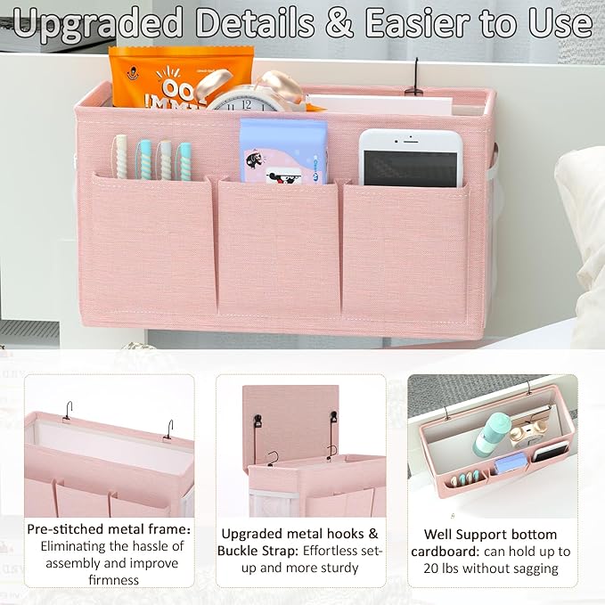 Edudif Dual-purpose Bedside Caddy Bedside Organizer, Bed Caddy with 6 Pockets, Versatile Bedside Storage Solution Magazine Remotes holder, ideal for Home, Dorm, Hospital, Crib Bed (Pink)