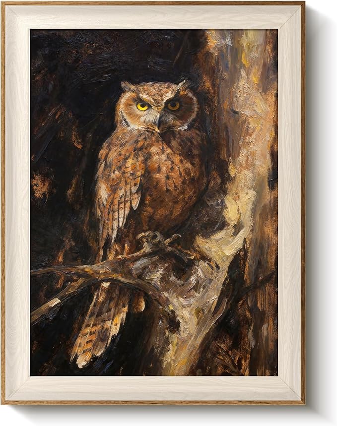 VIYYIEA Vintage Framed Wall Art for Living Room, Owl II Canvas Prints, Oil Painting Home Decor, Animals Picture, Bathroom Wall Decor Gifts for Friends or Family - 16L x 12W
