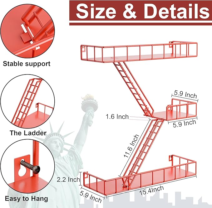 Fire Escape Shelf - 3 Tier Metal Large Red Fire Escape Wall Shelf, New York Action Figurine Display Shelf, Decorative Wall Shelf, Unique Rustic Floating Shelves for Bedroom, Bathroom (17 inch)