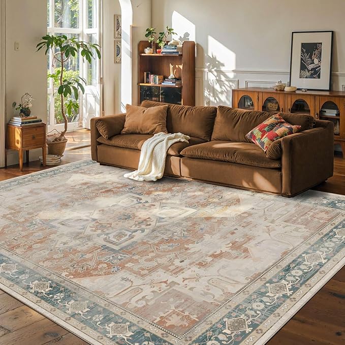 Rugxara 8X10 Orange Boho Rug,Large Washable Area Rugs for Living Room, Neutral Vintage for Office, Dining Room, Kids Room, Farmhouse, Low Pile Non Slip Carpet for High Traffic Areas, Coral