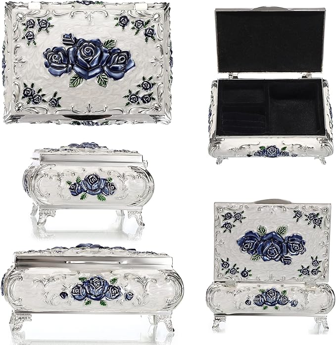 Hipiwe Metal Decorative Jewelry Box Vintage Treasure Chest Case Ornate Trinket Organizer Earrings Necklace Bracelet Storage Box Ring Holder Keepsake Box for Women