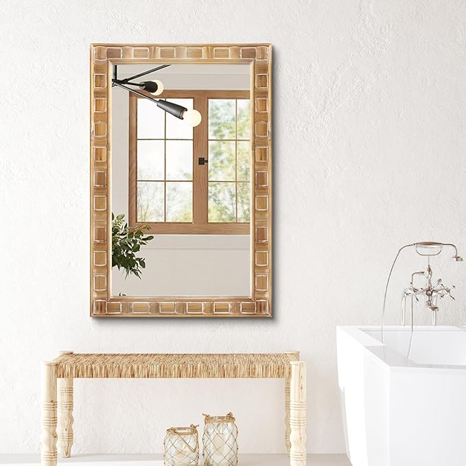 POZINO Rustic Wood Mirror, 24"X36" Farmhouse Bathroom Mirror for Over Sink, Natural Wooden Rectangle Wall Mirrors for Living Room Entryway Bedroom Hallway Fireplace, Horizontal Or Vertical