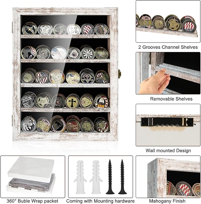 Military Challenge Coin Display Case Holder with HD Toughened Glass and Wall Mount, Wooden Coin Stand Rack with Removable 2 Grooves Shelves, Rustic White…