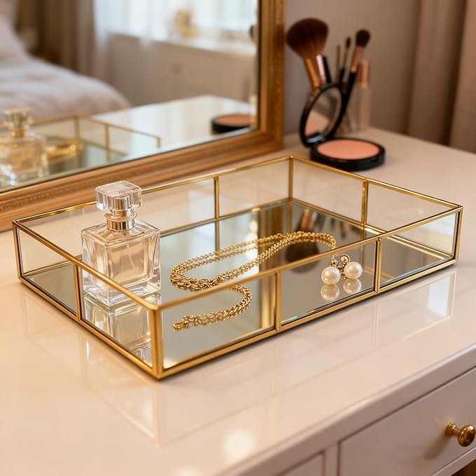 Gold Mirror Tray - Metal Decorative Perfume Organizer - Makeup Vanity Tray for Dresser，Jewelry,Bathroom, Bedroom