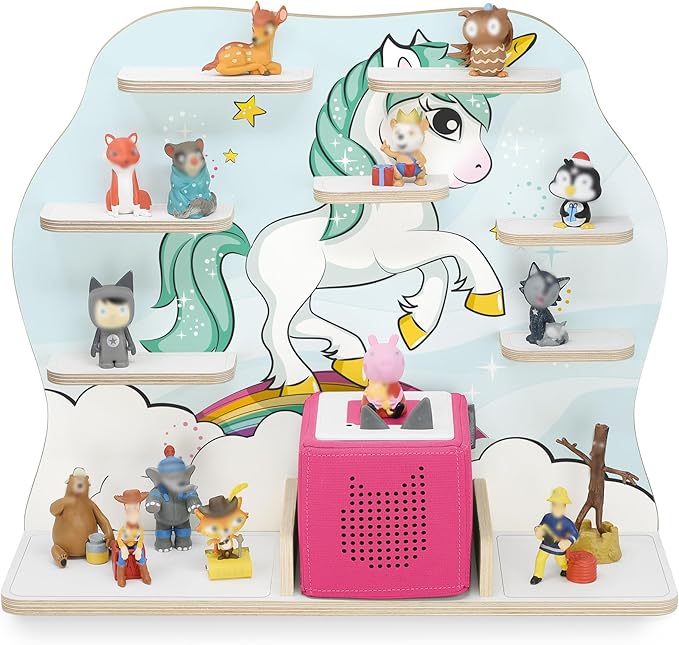 stadtecken Wooden Shelf for Music Box I Suitable for The Toniebox and ca. 50 Tonies I Perfect Storage in The Children's Room I for Setting up or Hanging (Large, Unicorn)