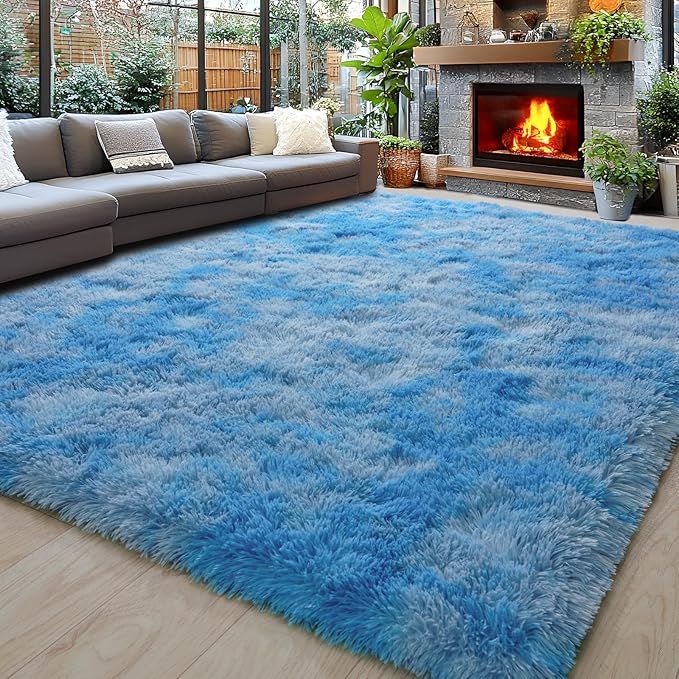 Area Rugs 9x12 for Living Room, Ultra Soft Fluffy Rugs for Bedroom, Non-Slip Furry Large Rug for Teen Girls and Boys,Nursery Kids Room Dorm Home Decor, High Pile Plush Floor Carpet, Tie-Dye Blue