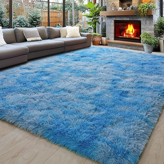 Area Rugs 9x12 for Living Room, Ultra Soft Fluffy Rugs for Bedroom, Non-Slip Furry Large Rug for Teen Girls and Boys,Nursery Kids Room Dorm Home Decor, High Pile Plush Floor Carpet, Tie-Dye Blue