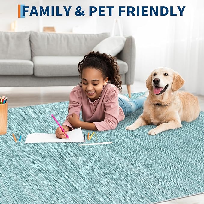 Washable Area Rug 8x10 for Living Room Bedroom Non Slip Minimalist Solid Color Area Rugs Modern Abstract Plain Dining Room Throw Carpet Low Pile Soft Classic Boho Rugs for Kitchen Nursery Oiifce, Blue