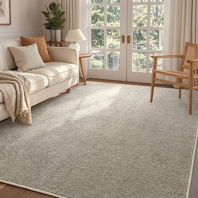 FinRèc 4x6 Washable Area Rugs for Bedroom Living Room, Low Pile Thin Rug Solid Color, Non-Slip Carpet Indoor for Home Decor (Greige/White)