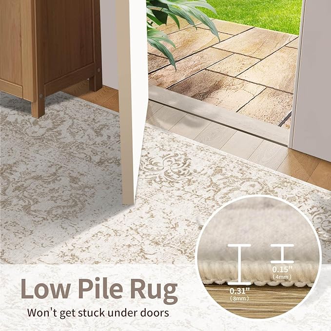 Rugxara 6x9 Washable Area Rug for Living Room, Vintage Neutral Large Boho Rugs for Office, Dining Room, Kids Room, Farmhouse, Durable Low Pile Non Slip Carpet for High Traffic Areas, Light Bown